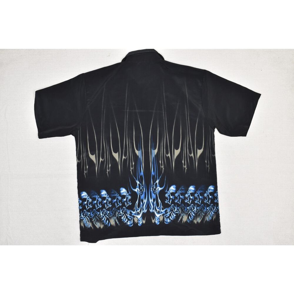 ODO Men's Black Short Sleeve Button Down Shirt with Blue Skull Print Size XL - Picture 4 of 8